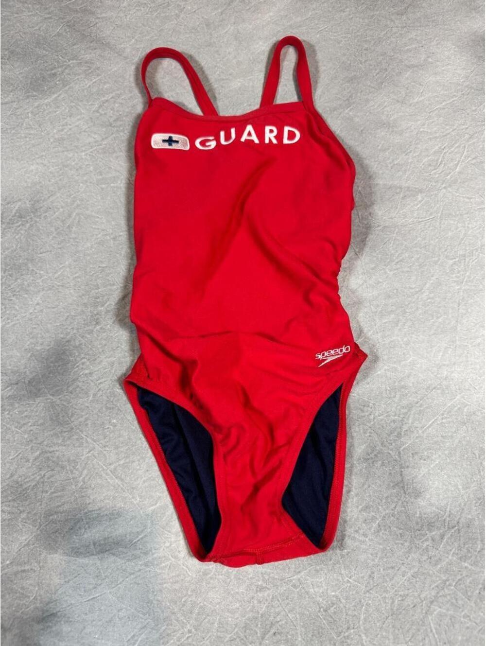 Speedo Guard Lifeguard One Piece Swimsuit Red Navy Embroidered Size 28